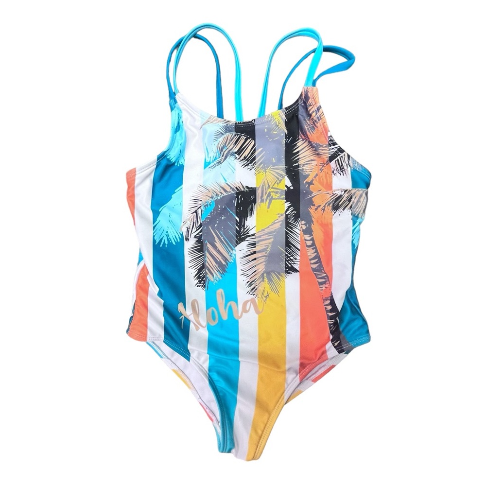 NWOT girls sz 7/8 swim suit Aloha orange teal stripes one piece